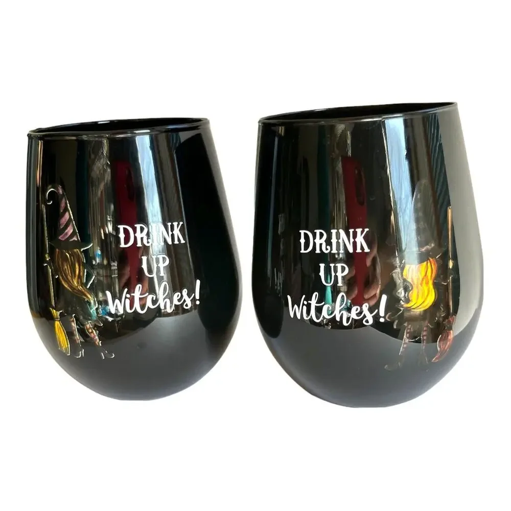 Drink Up Witches Cobwebs & Cauldrons Black‎ Halloween Stemless Wine Glasses Pair